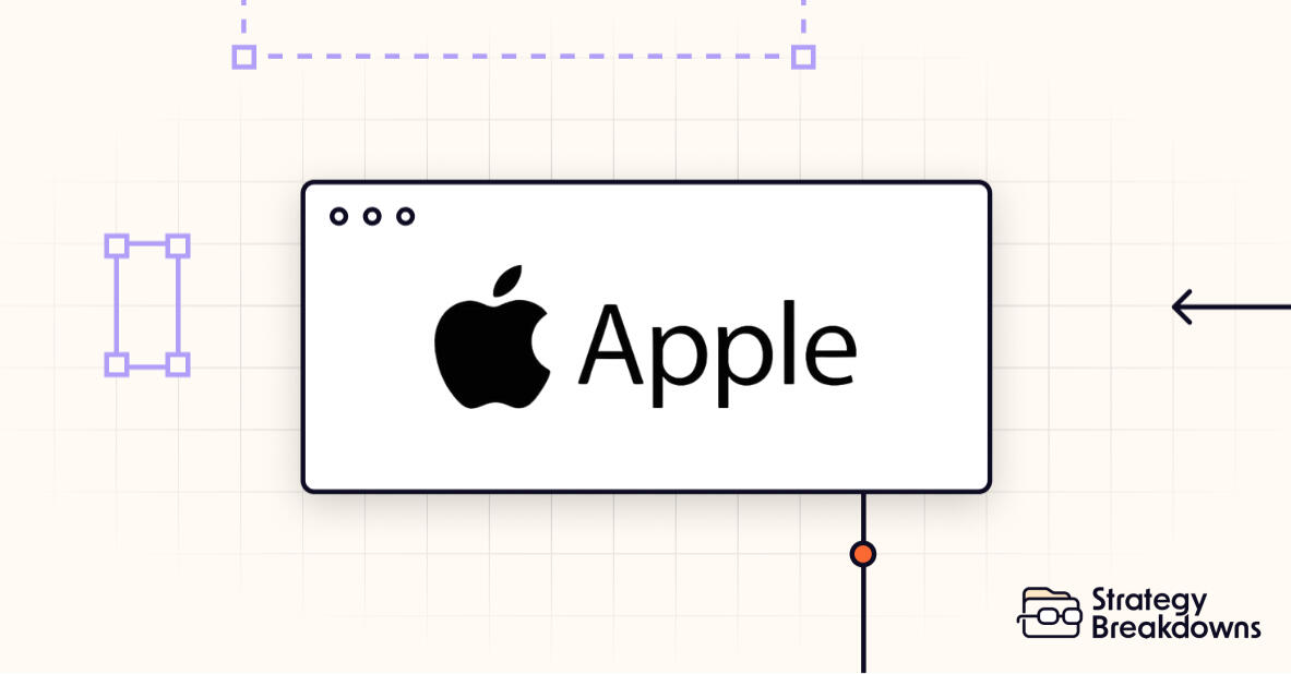 Apple logo in a browser window floating over a grid with arrows and dotted lines